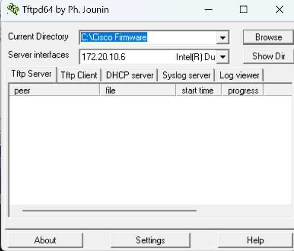 محیط گرافیکی tftpd64 بخش tftp server