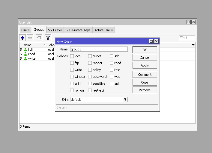 پنجره افزودن گروه جدید در بخش system users پنل winbox- تنظیمات امنیتی اولیه در میکروتیک