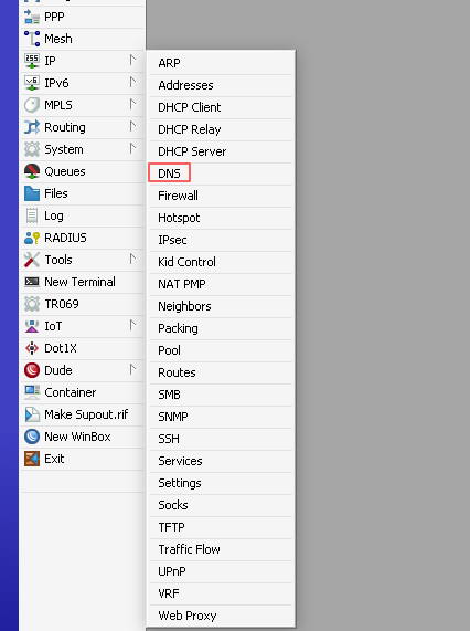 بخش ip dns در پنل winbox میکروتیک