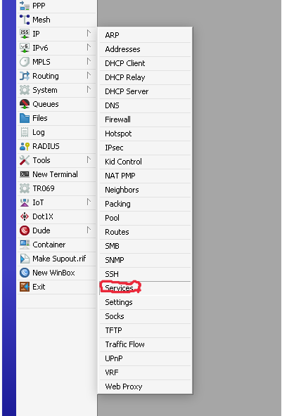 بخش ip services در پنل winbox میکروتیک